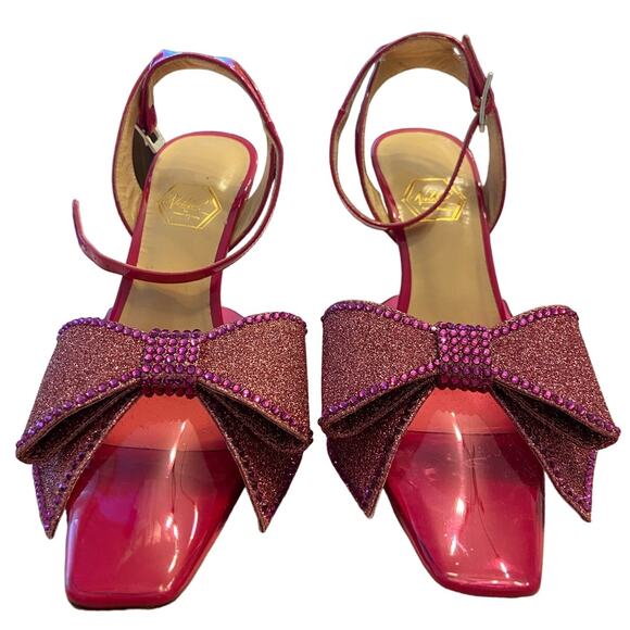 Nalebe Dimante PVC Pumps Bow Crystal Embellished Ankle Strap Square Top Pink 36 - Picture 8 of 16